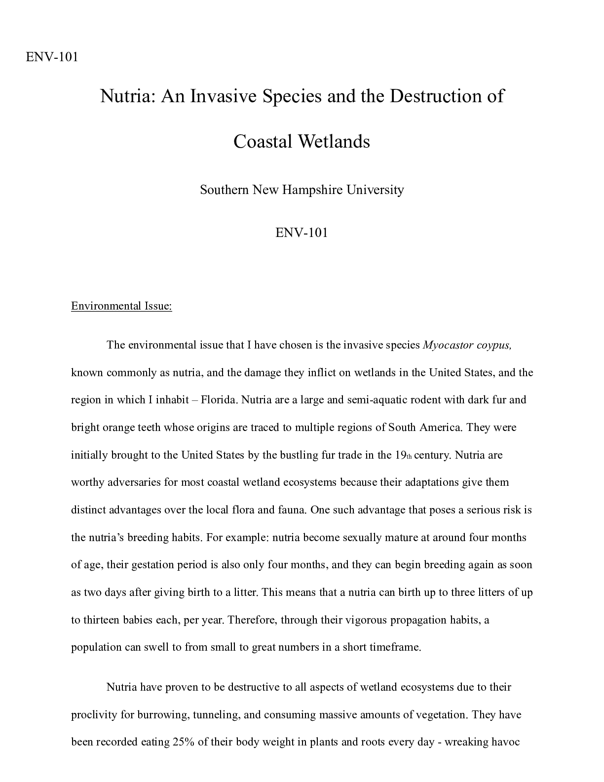 Preview image for Final Project for Submission.docx  ENV-101  Nutria: An Invasive Species and the Destructio